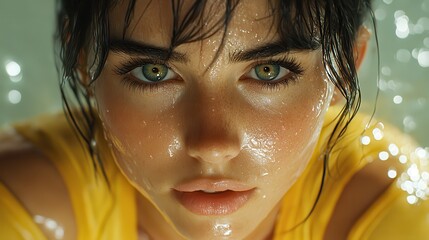 Woman with wet hair and skin, luminous gaze, soft lighting, yellow top