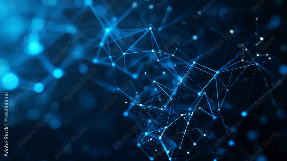 Poster abstract background of connecting lines and dots. with empty space on the side dark blue background.