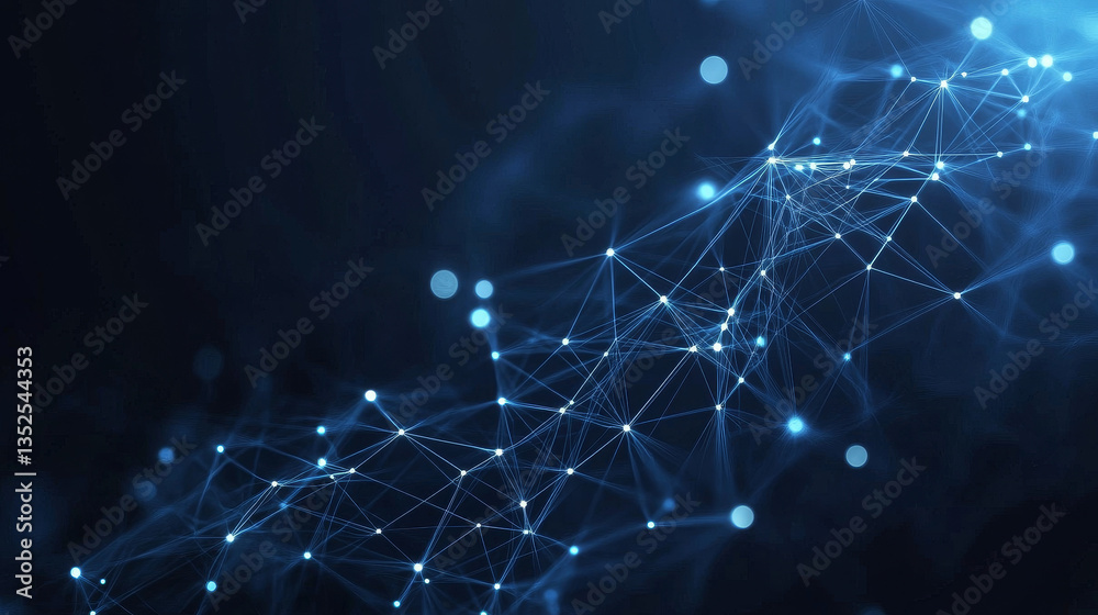 Poster abstract background of connecting lines and dots. with empty space on the side dark blue background.