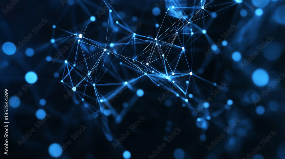 Poster abstract background of connecting lines and dots. with empty space on the side dark blue background.