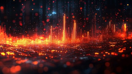 Obraz premium Futuristic city burning with digital rain.