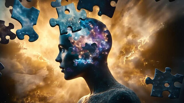 Puzzle Pieces Floating Above Human Head with Cosmic Mind

