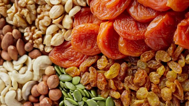 Assortment of dried fruits and nuts rotating. Natural food background. Mixed dried fruit nuts on plate. Mix of snacks. Vegan food concept. View from above. Close-up in 4K, UHD