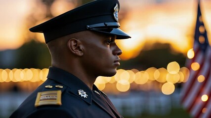 A moving tribute to veterans unfolds beneath a serene twilight sky.