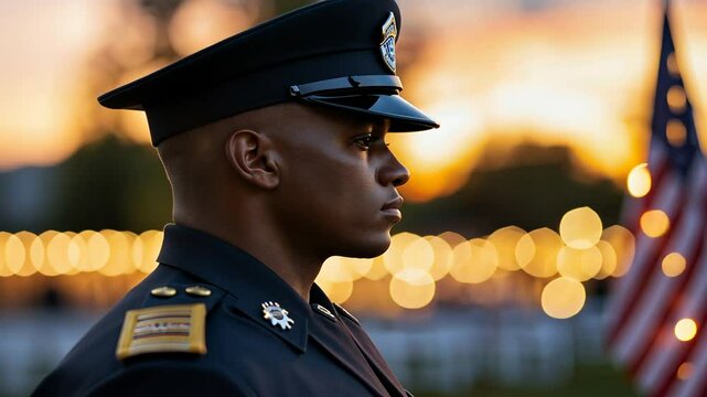 A moving tribute to veterans unfolds beneath a serene twilight sky.