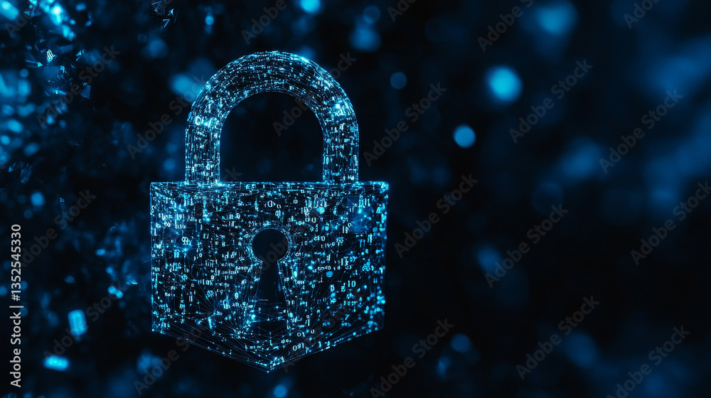 Poster cybersecurity and digital data protection technology concept background image. small padlock binary 