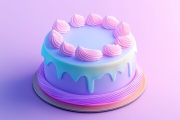 Flat art style cake icon, rendered in an isometric style with purple and blue plastic gradient lighting effects