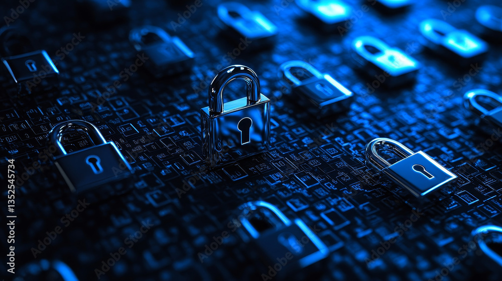 Poster cybersecurity and digital data protection technology concept background image. small binary padlock 