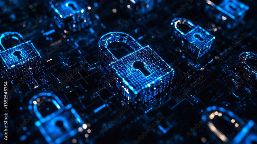 Poster cybersecurity and digital data protection technology concept background image. small binary padlock 