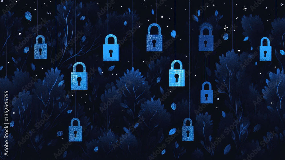 Poster cybersecurity and digital data protection technology concept background image. small binary padlock 