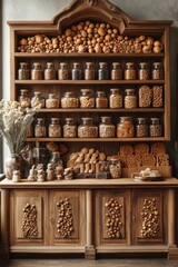 Wooden cabinet adorned with rows of jars and assorted decorative items