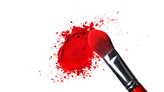 Flat lay of red paint brush with makeup smudge isolated on transparent background (2)