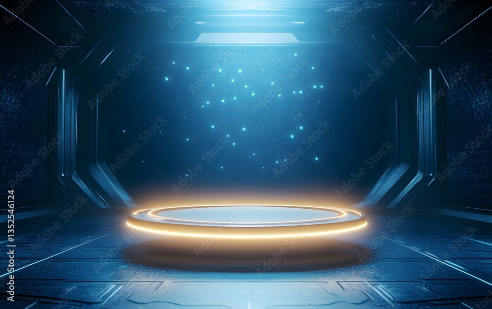 Wall mural a futuristic levitating 3d podium with a magnetic hover effect, glowing subtly in a dimly lit sci-fi