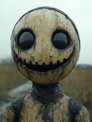 Wooden figure with big eyes smiles in an outdoor setting