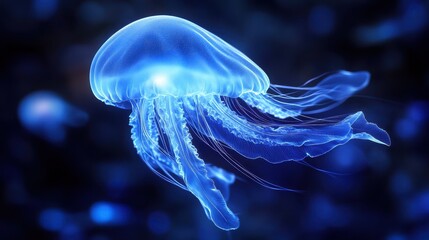 A translucent blue glowing jellyfish swims gracefully in the ocean