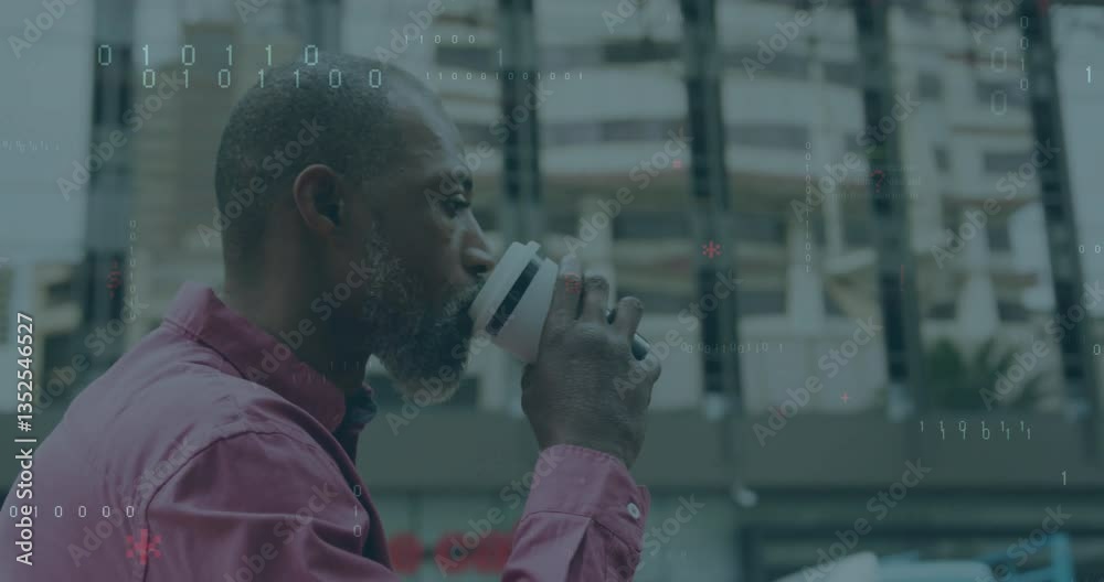 Poster man drinking coffee with digital binary code animation overlaying urban background
