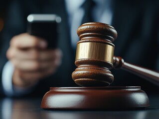 A judgeʼs wooden gavel rests on a black table. Generative AI