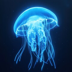 A vibrant glowing blue jellyfish swimming in dark underwater depths