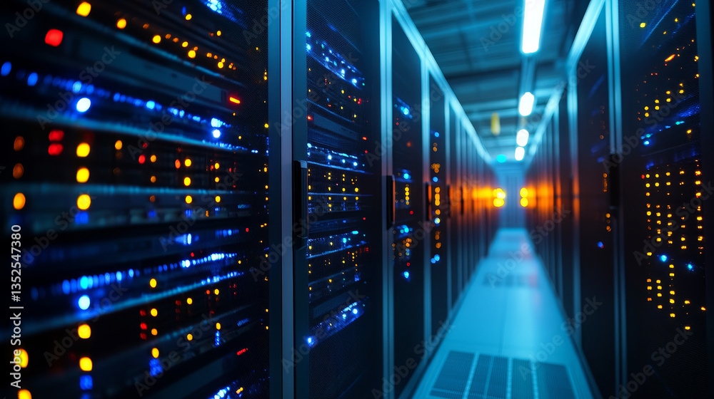Poster digital data network servers in a server room of a data center or isp with electric circuit high spe