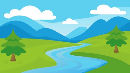 Fototapeta premium Cartoon clean river landscape with trees background