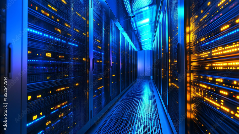 Poster digital data network servers in a server room of a data center or isp with electric circuit high spe