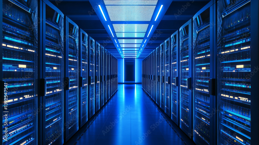 Poster digital data network servers in a server room of a data center or isp with electric circuit high spe