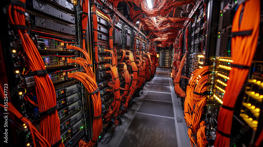 Poster digital data network in a server room of a data center. global 5g high speed internet connection and