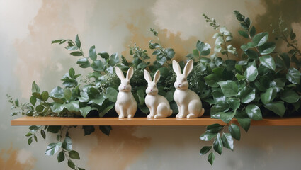 Three serene porcelain bunnies nestled amongst lush greenery on a wooden shelf, a tranquil spring scene evoking peace and quiet.