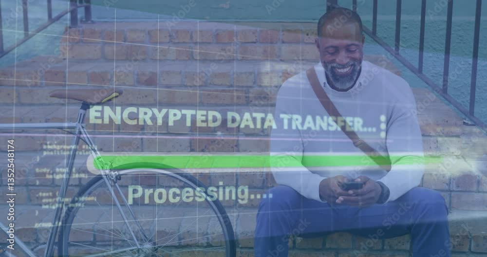 Poster smiling man using smartphone with encrypted data transfer animation over bicycle