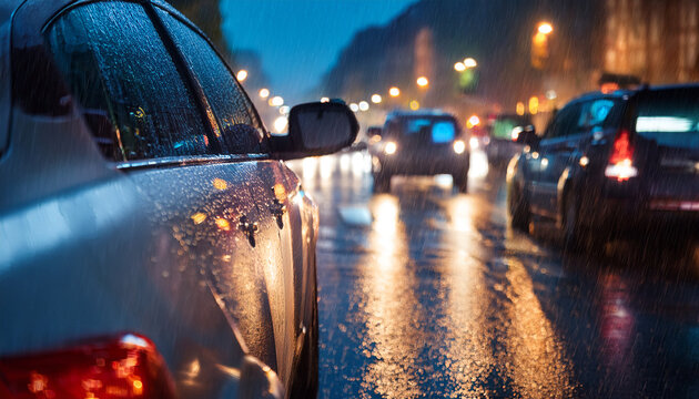 trafico de autom&oacute;viles en una calle de ciudad por la noche bajo la lluvia con luces de faros y ambiente mojado