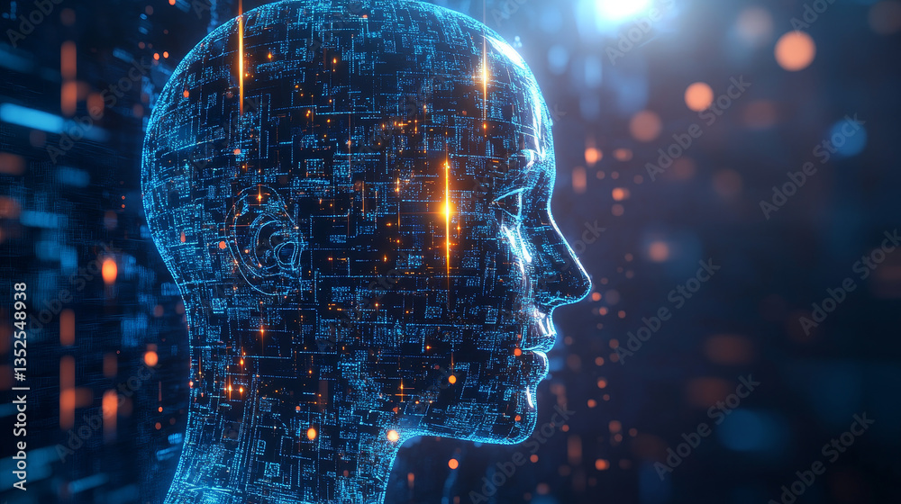 Poster artificial intelligence (ai) technology concept. big data collection connects with intelligent brain