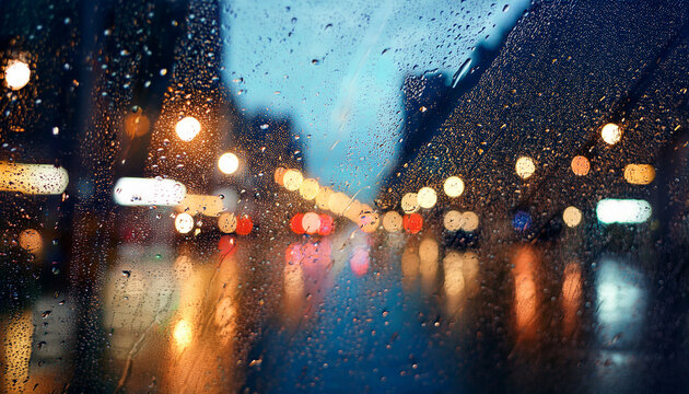 Gotas de agua en el cristal del parabrisas de un coche circulando por la ciudad de noche bajo la lluvia