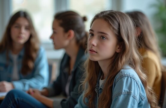 Group therapy session with teenage girls. Young women in classroom, psychological support. Teens listen, discuss, share feelings. Mental health, support group, psychotherapy, depression, anxiety,
