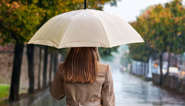 Una mujer caminando de espaldas bajo la lluvia por una calle de ciudad con un paraguas de color crema