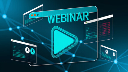 Abstract graphic of teal webinar interface with play button, symbolizing online learning, digital communication, and virtual event