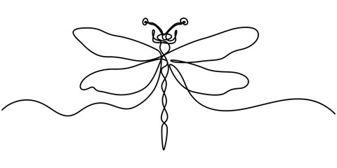 Dragonfly continuous one line art drawing of outline vector illustration, Dragonfly continuous one line drawing, Continuous one line drawing. Flying dragonfly logo. Black and white vector illustration