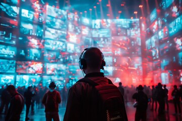 bright tech conference scene with giant screens and attendees,