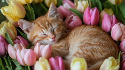 A sweet orange kitten curled up among a bouquet of tulips in full bloom, its eyes sparkling as it enjoys the soft, colorful spring flowers surrounding it.