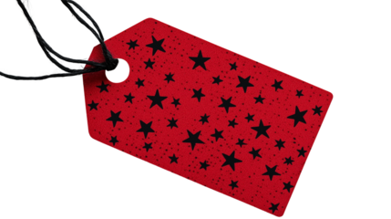 Flat lay red tag with black stars for sales advertising template isolated on transparent background