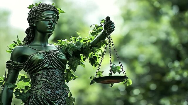 A Lady Justice statue wrapped in vines, standing firm as her scales hold symbols of wealth and child custody, representing her unwavering fairness in complex divorce cases.