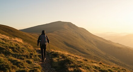 Fototapeta premium Hiker walking on a trail in the mountains during sunset, enjoying nature's beauty