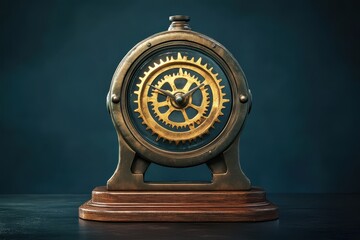 An ornate clock with exposed gears sitting on a wooden base