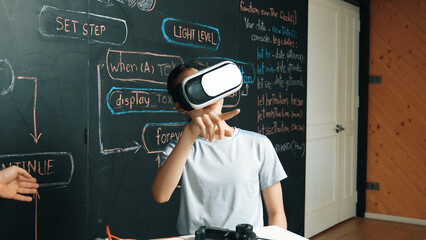 Caucasian girl wear VR glass and enter imetaworld while sitting at blackboard with coding and...
