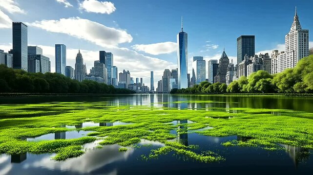 A serene landscape where dense, bright green algae float on water beneath a sprawling metropolis, visually bridging laboratory innovation with large-scale clean energy implementati