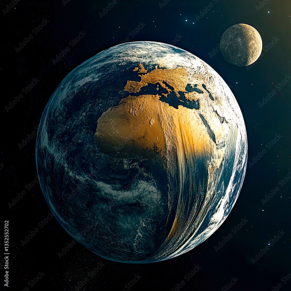 Poster view of earth with africa highlighted and moon in the backdrop under the starry sky