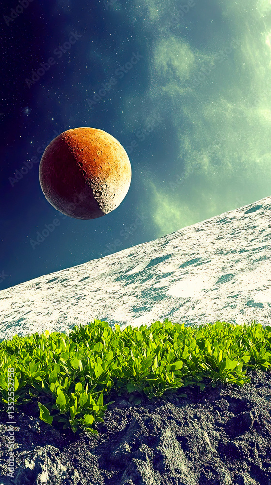 Poster moonlit landscape with a distant planet hovering in a starry sky