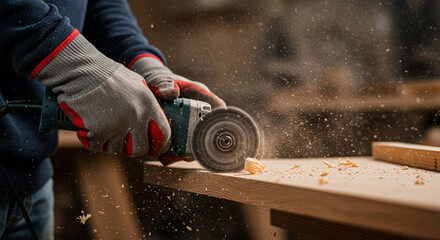 Close up of Hands Using Angle Grinder to Shape Wood Woodworking Carpenter