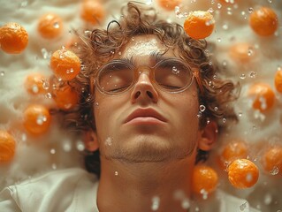 Young man, eyes closed, floating amongst oranges and droplets in fluffy cloud