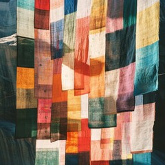 Fototapeta premium Colorful fabric strips hang in bright sunshine