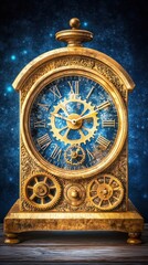 A detailed golden clock showing time within a starry blue universe